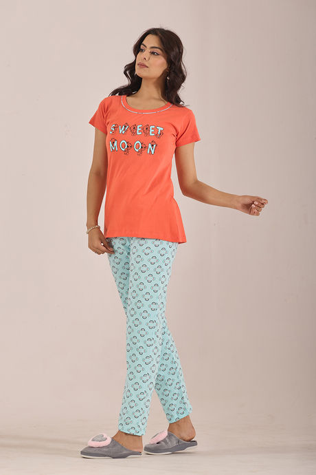Sweet Moon Knit Cotton Pyjama Set - Sky Blue Peach — image 3